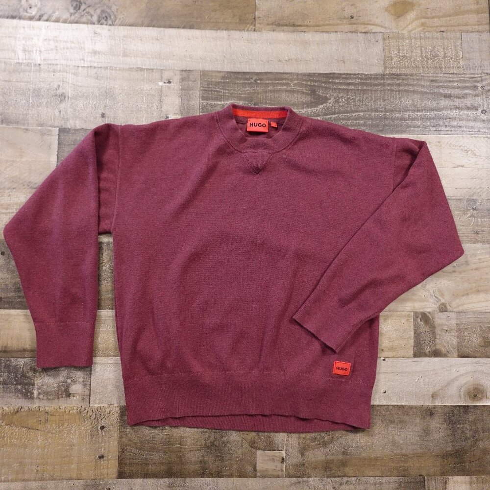HUGO‎ Boss Crewneck Sweater Men’s Large Burgundy Logo Patch Modern
